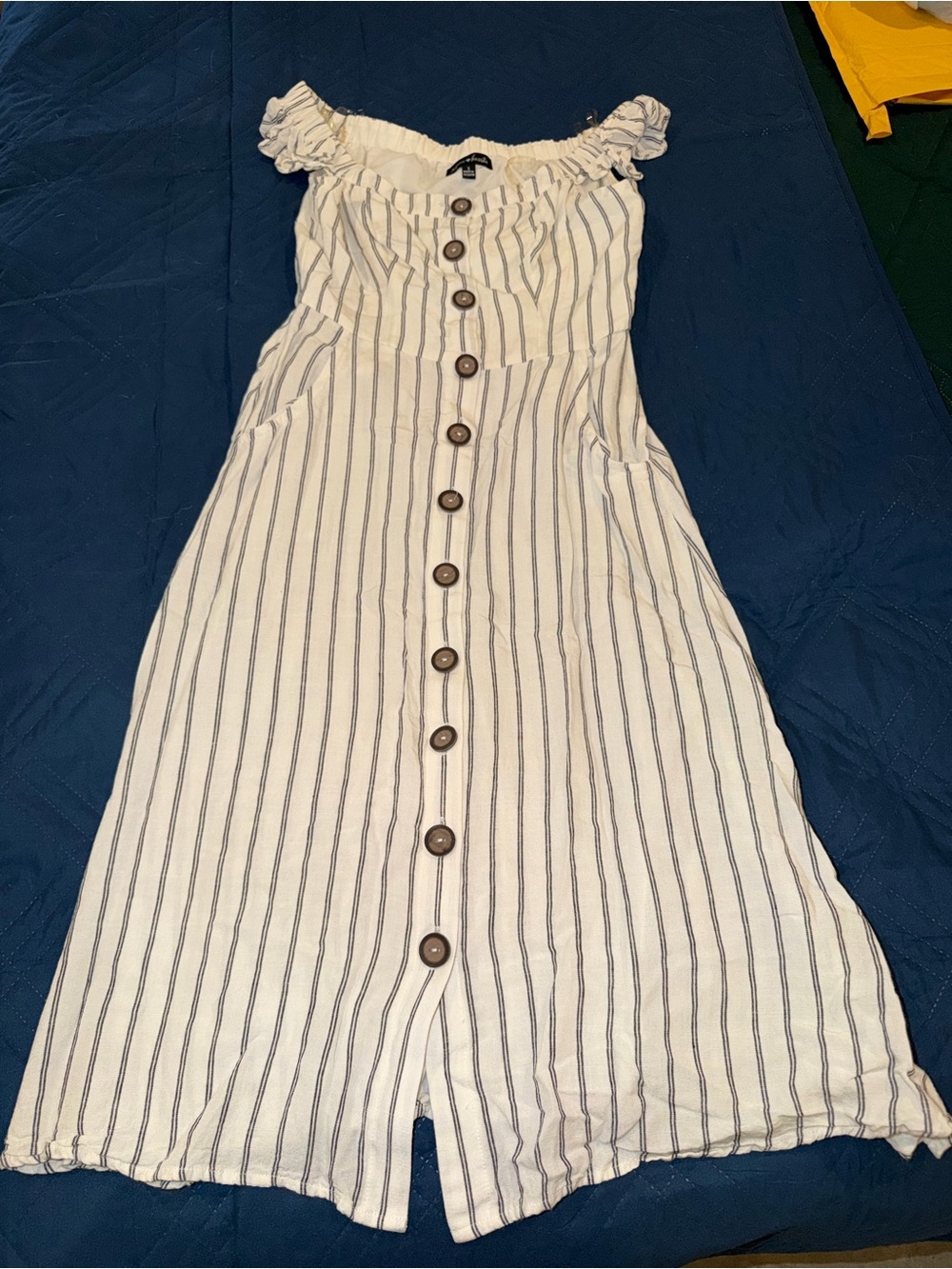Striped Off-Shoulder Button-Front Summer Linen Dress - Cream and Black